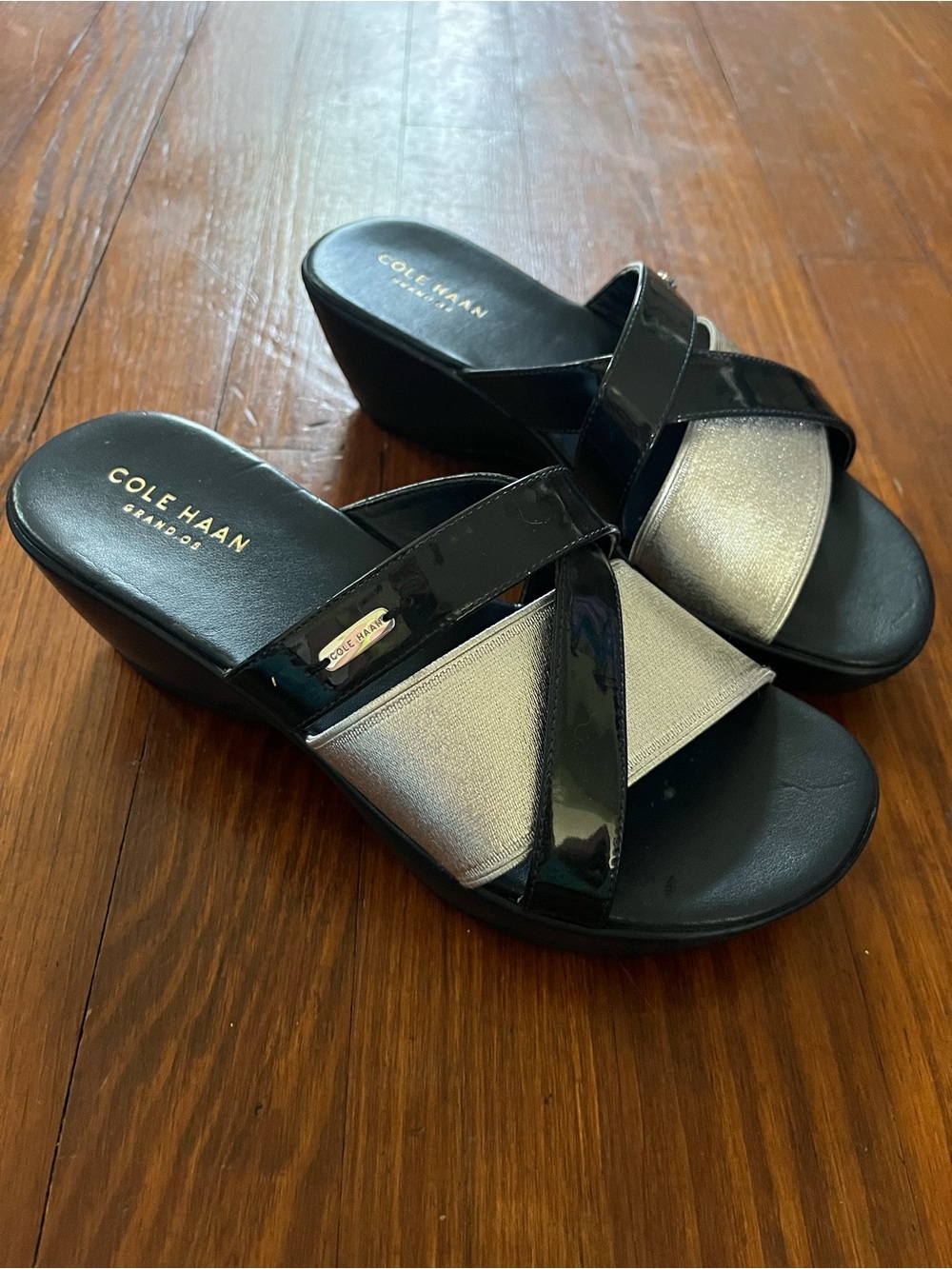 Cole Haan Women's Navy and Silver Wedge Slide Sandals 5 1/2 B